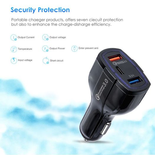 2 X QC 3.0 3 Port Fast Car Mobile Charger (Dual USB-A + Type-C) 35W (Brand New/Warranty)