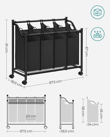 Laundry sorter 4 compartments black laundry basket, laundry collector with 4 removable cloth bags, laundry holder on wheels, laundry sorter, stable, 4 x 35 liters, black