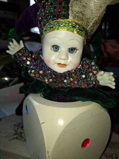 Large Vintage Clown Musician Dice Box. Fully functional Hand Winding the Clown Moves while Playing Music