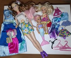 3 Barbie dolls with clothes & household accessories