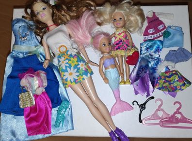 3 Barbie dolls with clothes & household accessories
