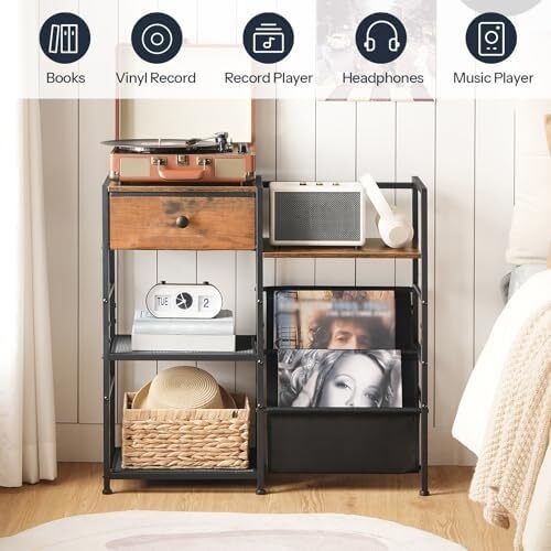 Record Player Stand, End Table with Vinyl Storage, 4 Tier Vinyl Record Storage, Side Table with Open Shelves, Turntable Stand for Living Room, Media Room, Rustic Brown