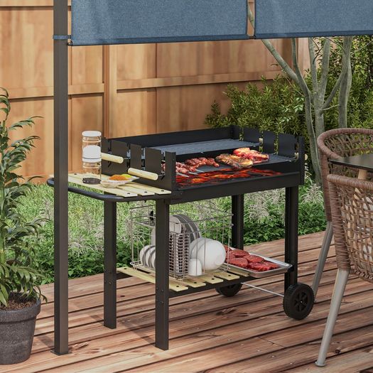 Charcoal BBQ Grill, Barbecue Trolley with Double Adjustable Grill, Side Table, Storage Shelf and Wheels for Outdoor Garden Party Cooking, Black