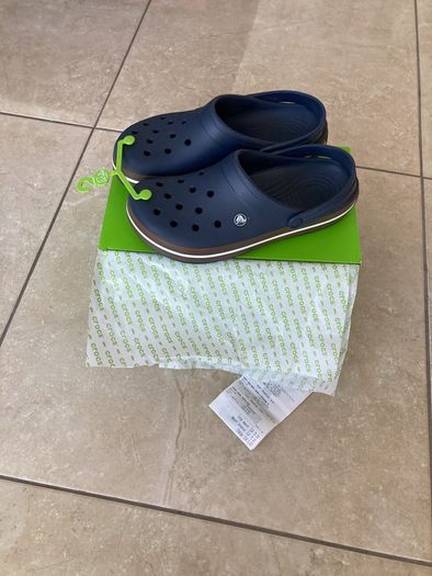 Crocs (Crocband) - navy with brown and white band  (Men's U.K. size 10).