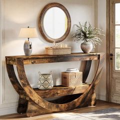 160cm Console Table, 2-Tier Hallway Table with Shelves, Rustic Wooden Sofa Table, Narrow Entryway Table for Living Room, Entrance & Foyer