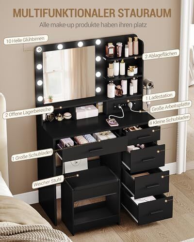 Dressing Table with 10 LED Lighting, Stool, Dressing Table with Large Mirror, Dressing Tables with Plug, and Hair Dryer Holder and Multiple Drawers, Black