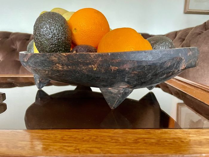 Unique Vintage Wooden African Tribal Art Decor Hand made bowl on Tripod folding Stand