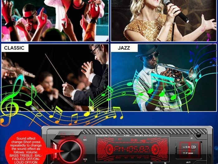 Car Radio Bluetooth 5.0 Hands-free1 Din Universal Built-in Microphone, 4X65W Car Radio Receiver, USB/TF/FM/AUX/WMA/WAV/MP3 Media Player with 7 Colorful Lights (FREE POSTAGE)