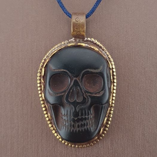 Vintage Gold Plated brass Floral Desgin &carved Skull shape Jade Pendant