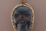 Vintage Gold Plated brass Floral Desgin &amp;carved Skull shape Jade Pendant