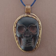 Vintage Gold Plated brass Floral Desgin &carved Skull shape Jade Pendant