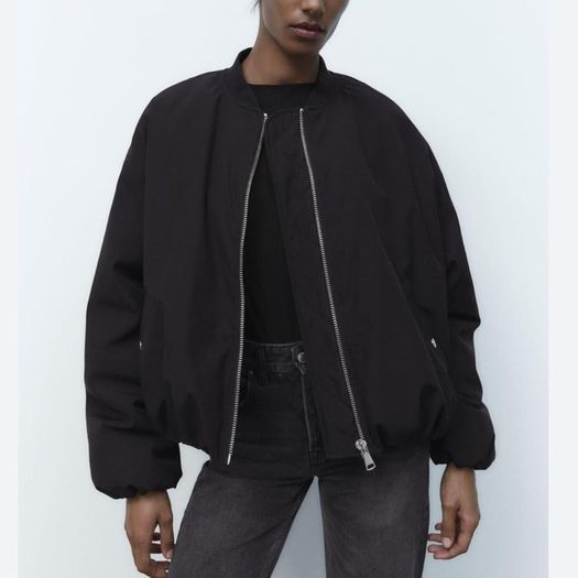 Zara Women's Black oversized bomber jacket size S