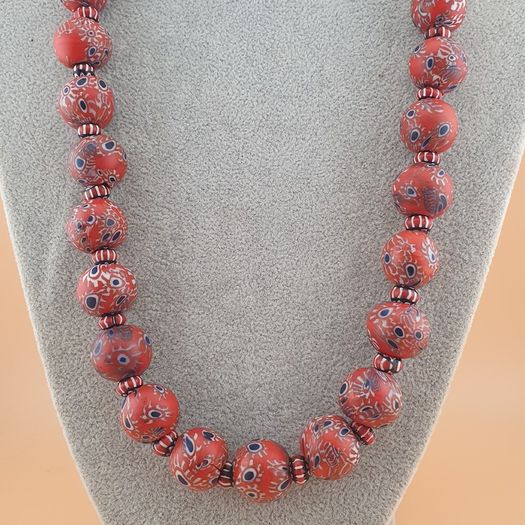 Antique Venetian Style Millefiori & Chevron Glass Beads Strands Necklace