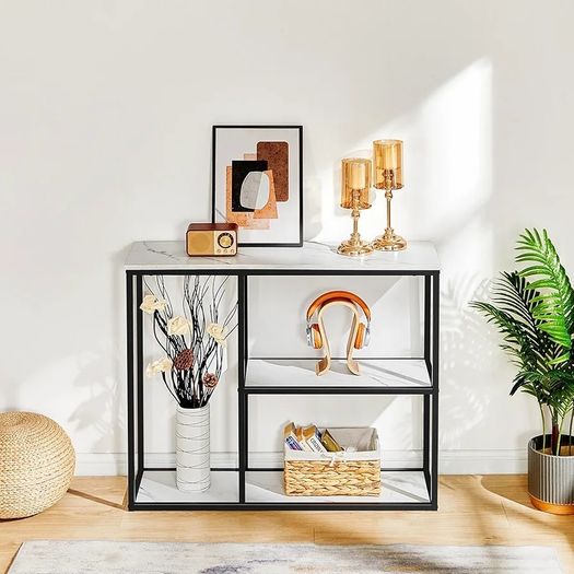 Console Table 30cm Narrow Entryway Table for Living Room 80cm Modern Industrial Sofa Table with 3-Tier Storage Shelves for Corridor, Hallway, White Marble