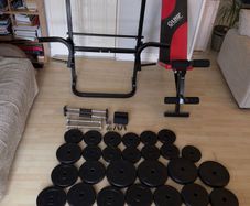 Home Gym Set- Bench, pull up/dip, 60kg weights+bar