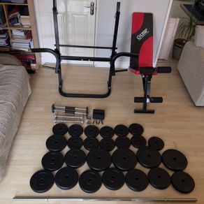Home Gym Set- Bench, pull up/dip, 60kg weights+bar