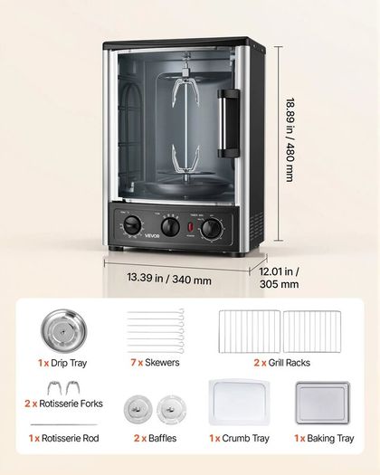 Countertop Vertical Rotating Oven 22L Rotisserie Shawarma Machine, 1500W Kebab Grill Roaster with Heat-Resistant Door, Drip Tray, Timer & Temp Control, Kebab Rack with 7 Skewers