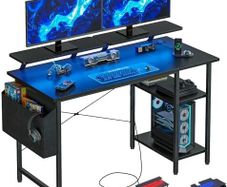 Gaming Desk with LED Lights & Power Outlets, Reversible Computer Desk with Storage Shelves,Small corner desk, for Home Office & Study, 100x50cm Black