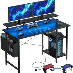 Gaming Desk with LED Lights & Power Outlets, Reversible Computer Desk with Storage Shelves,Small corner desk, for Home Office & Study, 100x50cm Black