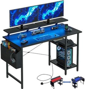 Gaming Desk with LED Lights & Power Outlets, Reversible Computer Desk with Storage Shelves,Small corner desk, for Home Office & Study, 100x50cm Black