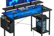 Gaming Desk with LED Lights &amp; Power Outlets, Reversible Black