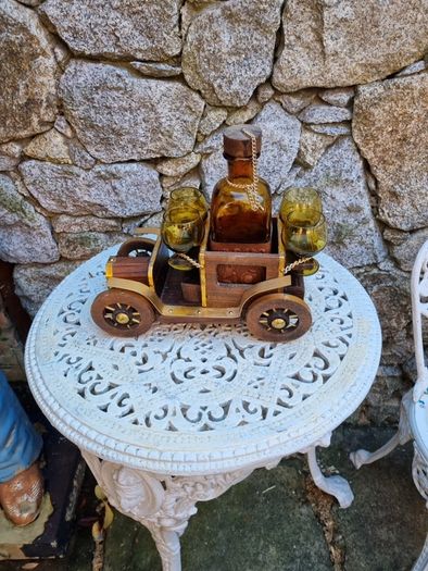 antique wooden car decanter set
