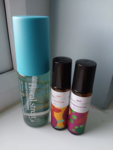 Floral Street Sweet Almond Blossom perfume mist, 50ml, new and Gruum Plum & Tonka roll-on fragrance, new and Gruum Sandalwood & Tonka roll-on fragrance, new
