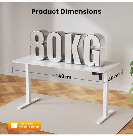 140 x 60 cm Standing Desk, Electric Height Adjustable Desk with 2 Hooks