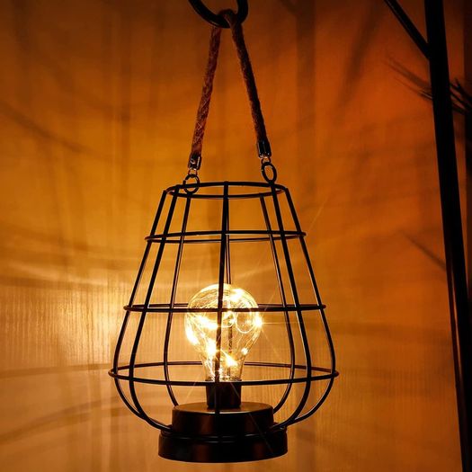 Hanging Battery Lamp, 22cm High Cage Table Lamp Decorative Lamp Battery Powered, Accent Cordless Light Bedside Battery Lamp for Home Living Room Bedroom Kitchen Wedding Home Hallway(Black)