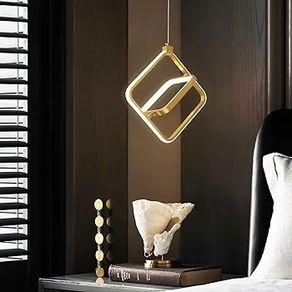 Modern LED Pendant Light Gold Rectangular Ring Light Fixture Height Adjustable Chandelier Suitable for Kitchen Island Bedroom Living Room Foyer(2-Ring)