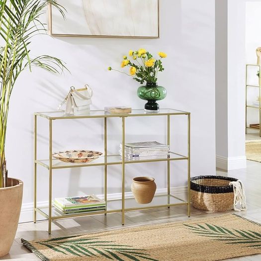Entryway Cabinet, 3 Tier Shelf, Tempered Glass, 100 x 30 x 73 cm, Metal Frame, Modern Style, Hallway, Living Room, Bedroom, Gold