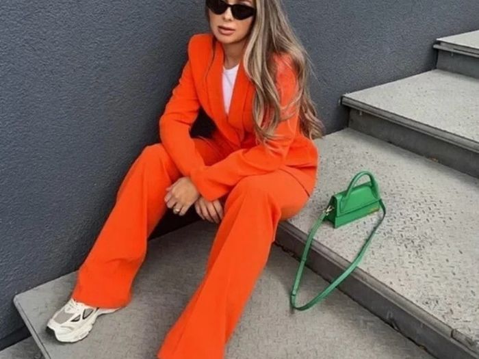 Fab Zara Bloggers Insta Famous Pumpkin Orange Suit Co Ord Blazer and Trousers   Size XL UK 14