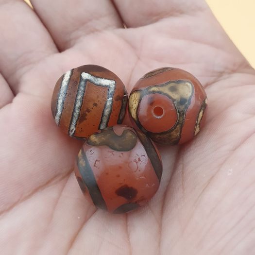 Vintage Etched Carnelian Agate Beads Tribal Gemstone Lot of 3