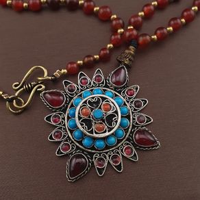 Vintage Carnelian Agate From Mali With Old Brass Garnet & Turqouise ,Coral Pendant Necklace