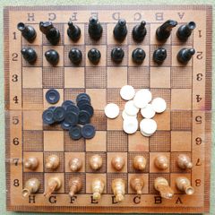 Vintage Folding Wooden Travel Chess Set With Hand Carved Pieces 13" x 13"