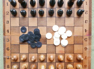Vintage Folding Wooden Travel Chess Set With Hand Carved Pieces 13" x 13"