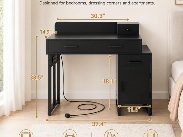 Black Dressing Table No Mirror, 90 cm Vanity Desk with 4 Drawers, Charging Station & Reversible Cabinet, Modern Makeup Desk with Divided Organisers, Space Saving Bedroom Table