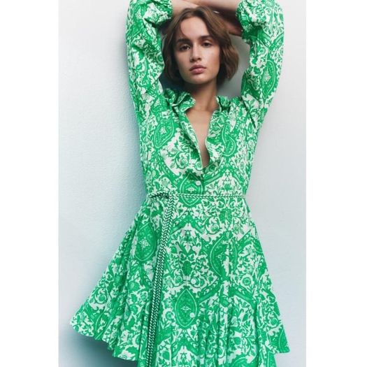 ZARA Green Paisley Floral Print Mini Shirt Dress XS