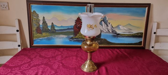 Vintage 21 Inches Tall Brass Double Burner Victorian Oil Lamp With Amber Glass Oil Font And With White Opaque Fluted Glass Globe Shade