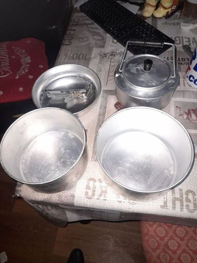 Trekker five piece Aluminum used Camping Cook Set by SunnGas in box, comprising 17cm saucepan, 18cm saucepan, 19cm frying pan, 16cm kettle (1.5L), and detachable grip handle. , Postage Available on all my Items or Collection in Rochfortbridge Westmeath