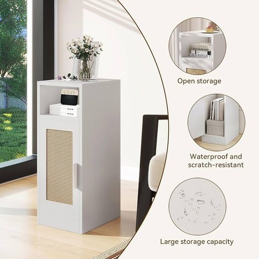 Slim Bedside Table Set of 2, Rattan Nightstand with Open Compartments and Cupboard for Small Spaces, Small Narrow Side End Table for Bedroom Living Room, White