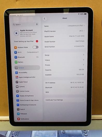 Apple iPad Air 11-inch with M3 chip Built 128GB Maximum capacity :95% Cycle count:227