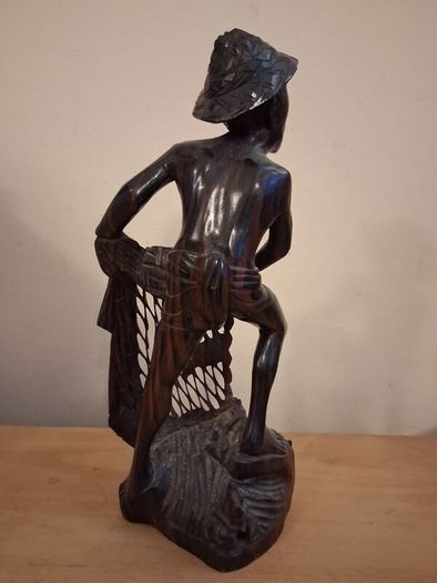 Tall Asian Rosewood Carved Fisherman statue