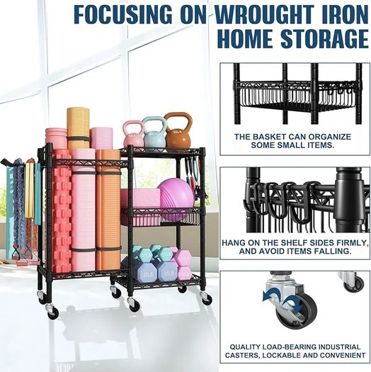 3-Tier Heavy Duty Carbon Steel Gym Storage Rack with Lockable Wheels  Hooks  Fitness Organizer for Dumbbells, Yoga Mats, Kettlebells  Resistance Bands 120KG Load for Home Gym