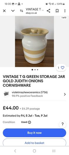 Fabulous RARE Collectable Traditional Cornishware Storage Jar in the Very Rare and Discontinued Gold & White Colourway, TG Green, Restyled by Judith Onions, Circa 1968 to 1975