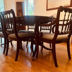 Mahogany dining table, chairs and display units