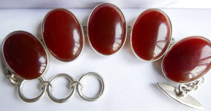 Vintage Sterling Silver 925 Carnelian Link Bracelet with Toggle Clasp L-8,5"  51,28g