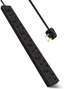 6 Way Extension Leads with Surge Protection, Wall Mounted Power Strips with Individual Switches 13A UK Plug (2M, Black)