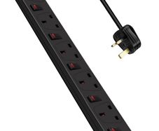6 Way Extension Leads with Surge Protection, Wall Mounted Power Strips with Individual Switches 13A UK Plug (2M, Black)
