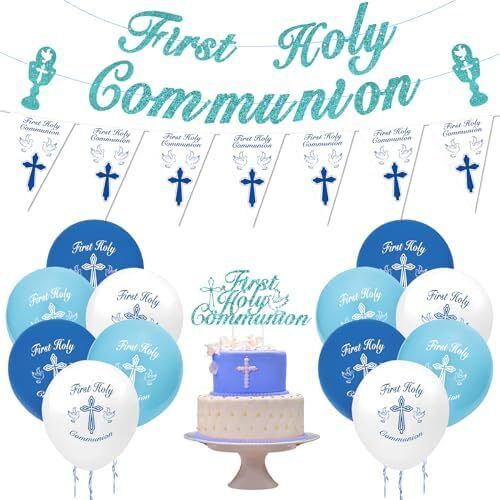 Holy Communion Decorations for Boy, Blue First Holy Communion Decorations Confirmation Decorations, Cross, Pigeon Banner Pennant Bunting, Balloons,Cake Topper for Boys Communion Christening Gift